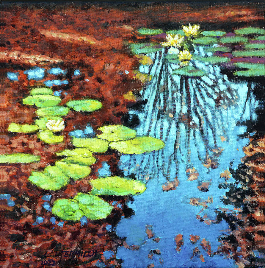 Oak Leaves on Pond Painting by John Lautermilch