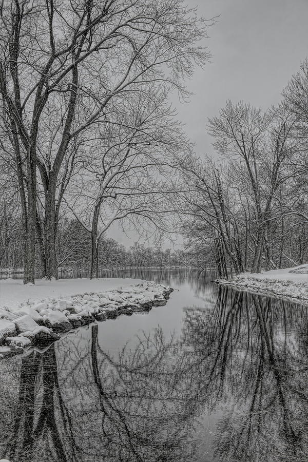 Oak Park Snow And Reflection BW Photograph by Dale Kauzlaric