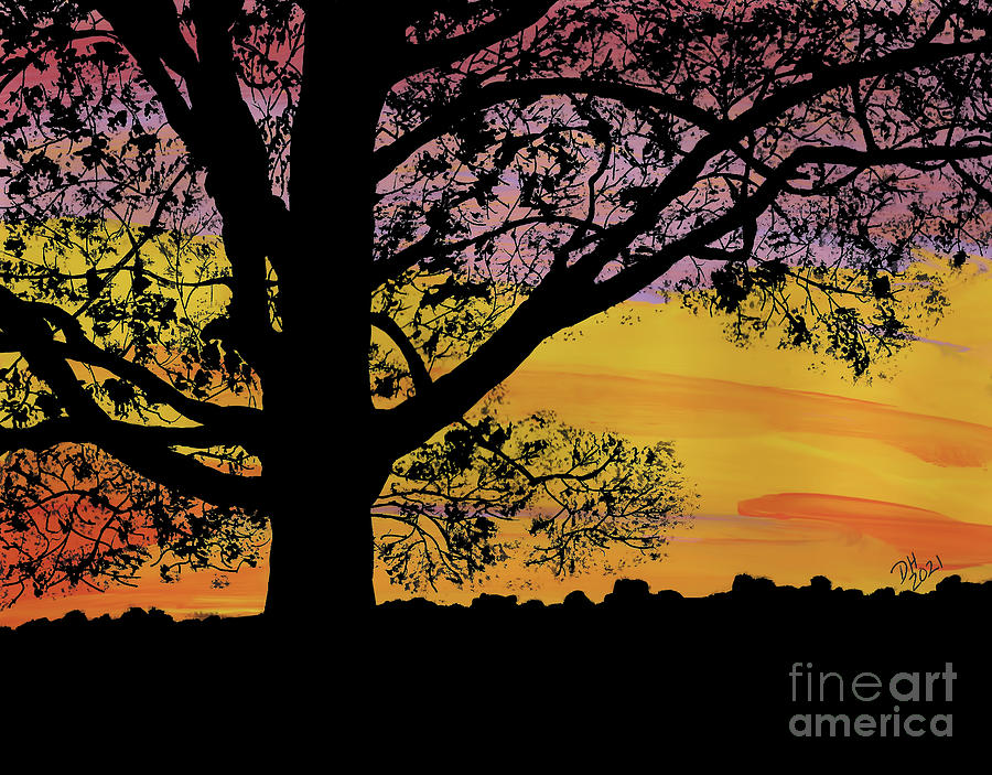 Oak Tree Sunset Painting by D Hackett