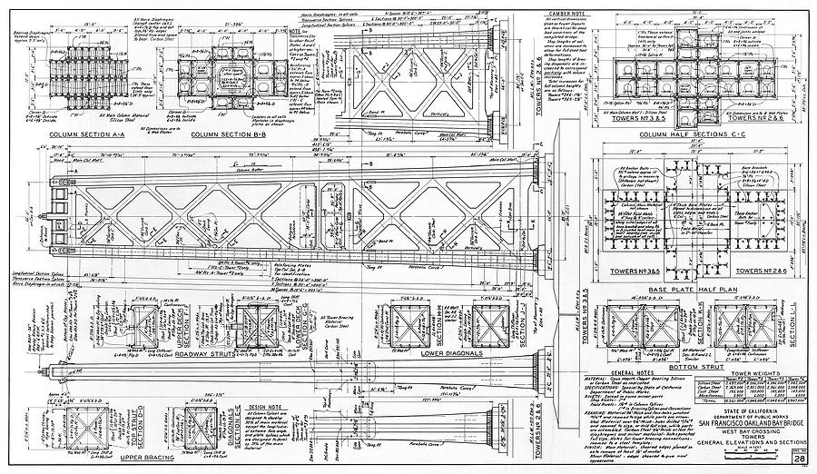 Oakland Bay Bridge Towers Blueprint 1935 Photograph By Daniel Hagerman