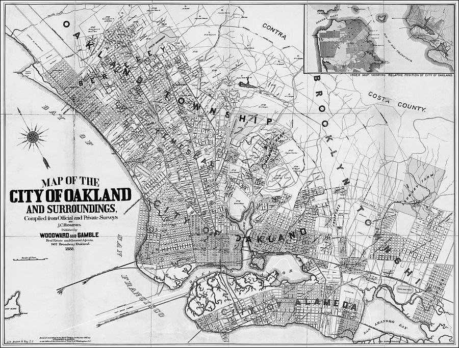 Oakland Photograph - Oakland California Vintage Map 1888 Black and White  by Carol Japp