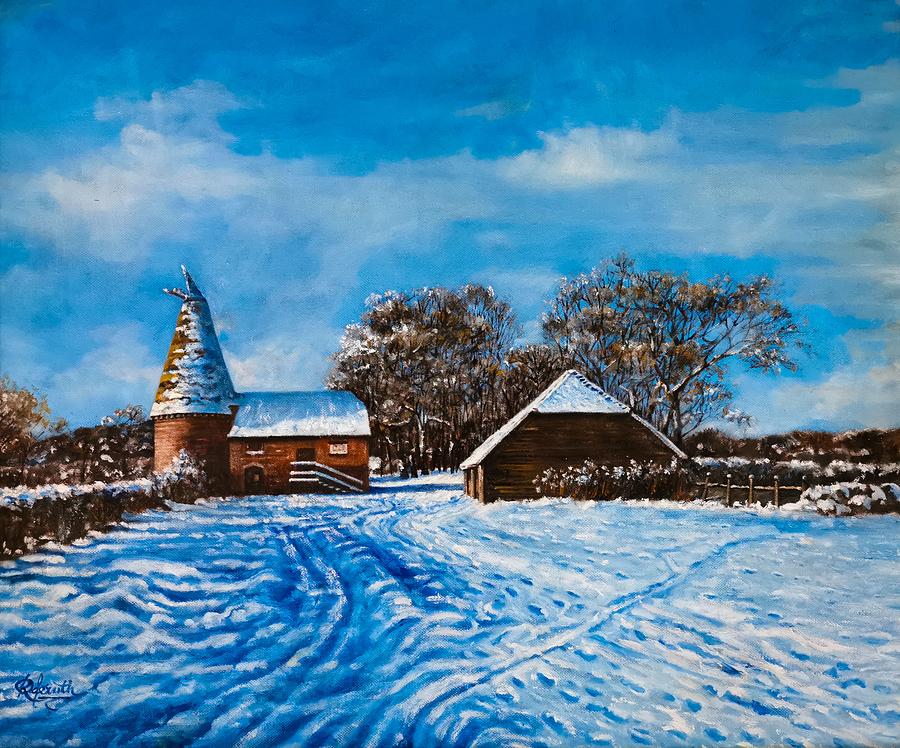 Oast house in winter, England Painting by Raouf Oderuth