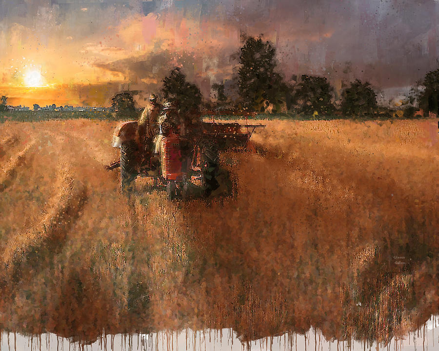 Oat Harvest at Sunset - 1940s Painting by Glenn Galen