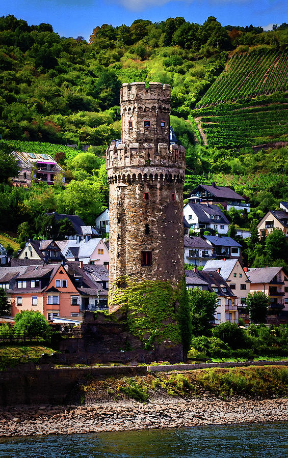 Oberwesel Town Wall Guard Tower, Watercolor on Sandstone Digital Art by Ron Long Ltd Photography