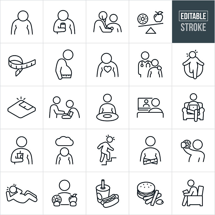 Obesity Thin Line Icons - Editable Stroke Drawing by Appleuzr