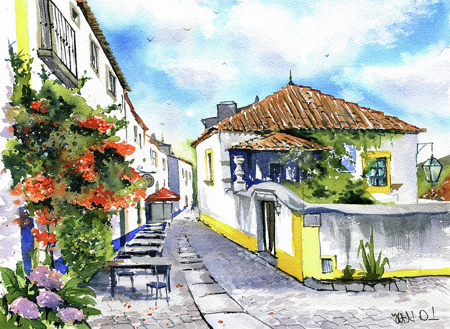 Obidos Street With Trumpet Vine Painting by Dora Hathazi Mendes
