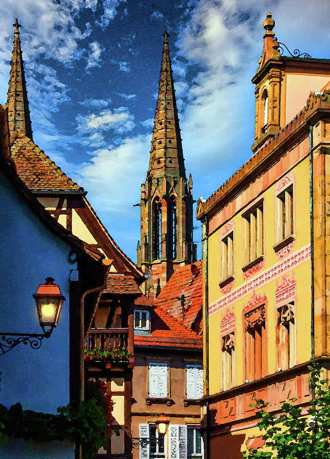 Obnerai Alley with St Pierre and Paul Church, Watercolor on Sandstone Digital Art by Ron Long Ltd Photography
