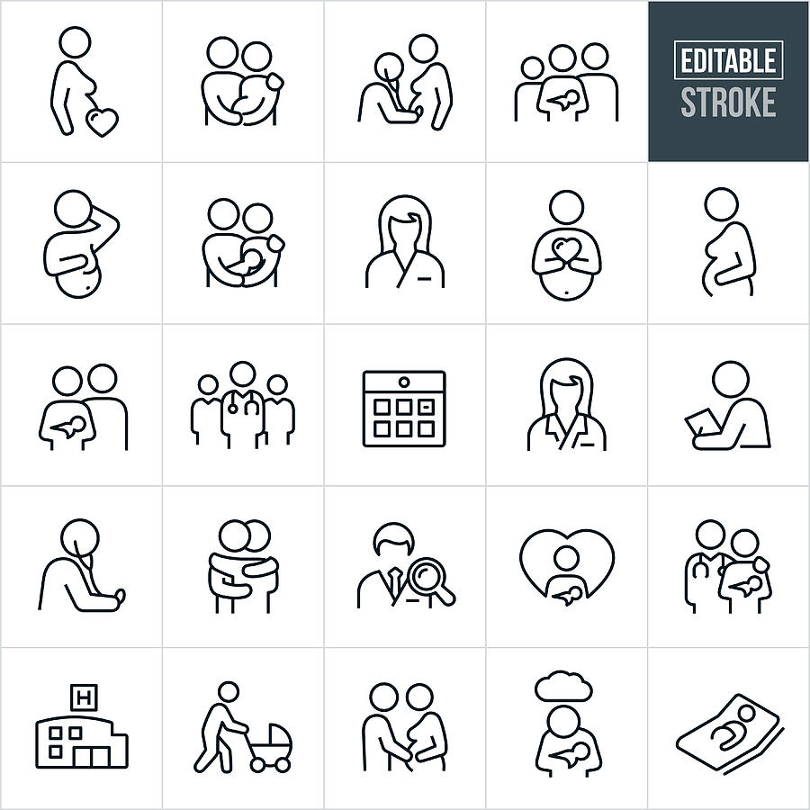 Obstetrician and Pregnancy Thin Line Icons - Editable Stroke Drawing by Appleuzr