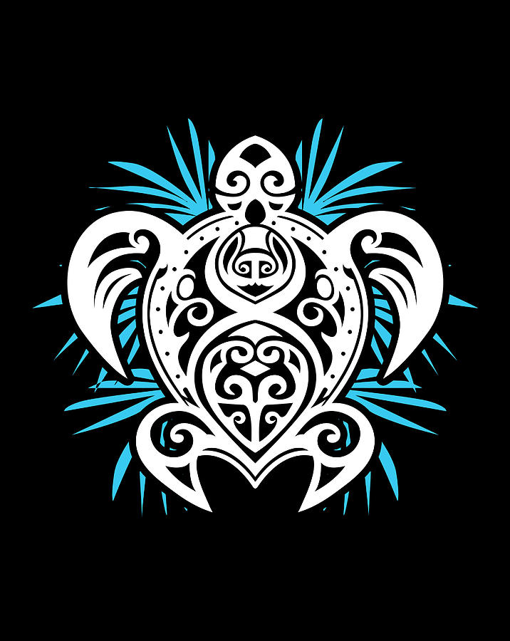 Ocean Blue Tribal Hawaiian Sea Turtle Design Digital Art by Xuan Tien Luong