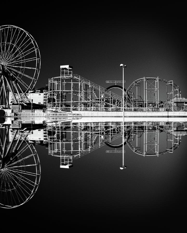  Ocean City Amusement Pier Reflections in Black and White Photograph by Bill Swartwout