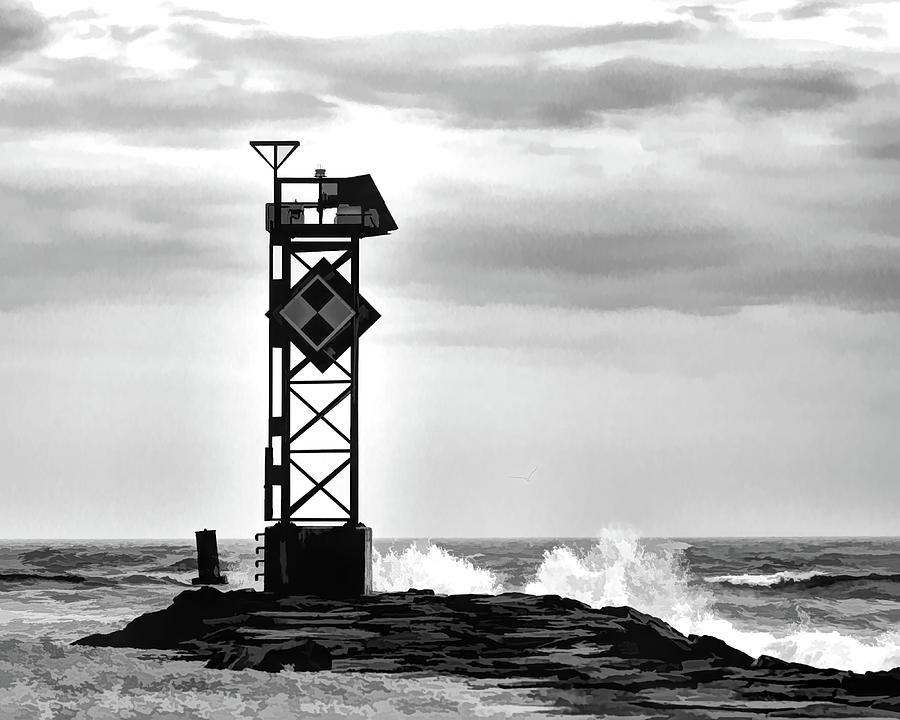 Ocean City Inlet Jetty Light Marker Black and White Photograph by Bill Swartwout Ocean City Inlet Jetty Light Marker Black and White Photograph by Bill Swartwout