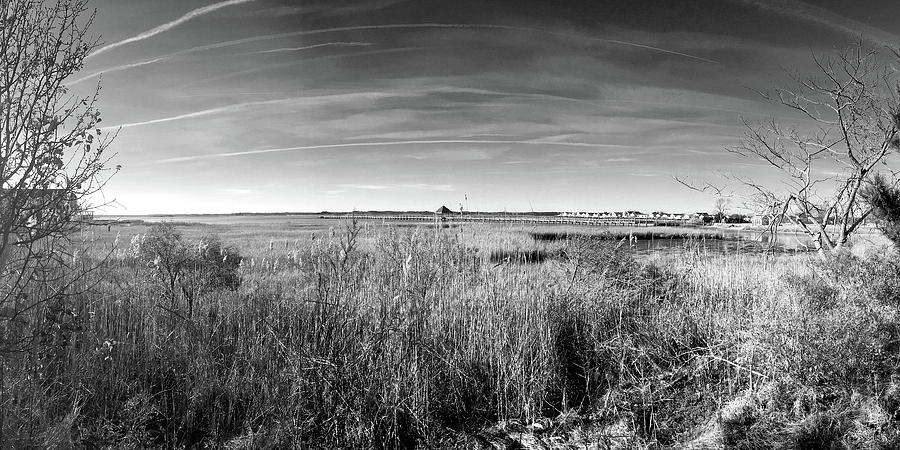 Ocean City Marsh and Pier Panorama in Black and White Photograph by Bill Swartwout