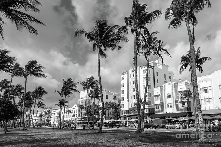 Ocean Drive in Miami Beach, Florida - Black and white Photograph by Delphimages Photo Creations Ocean Drive in Miami Beach, Florida - Black and white Photograph by Delphimages Photo Creations