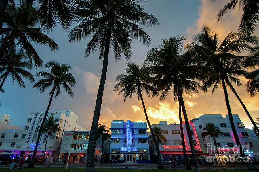 Ocean Drive in South Beach Miami at Sunset Photograph by Beachtown Views