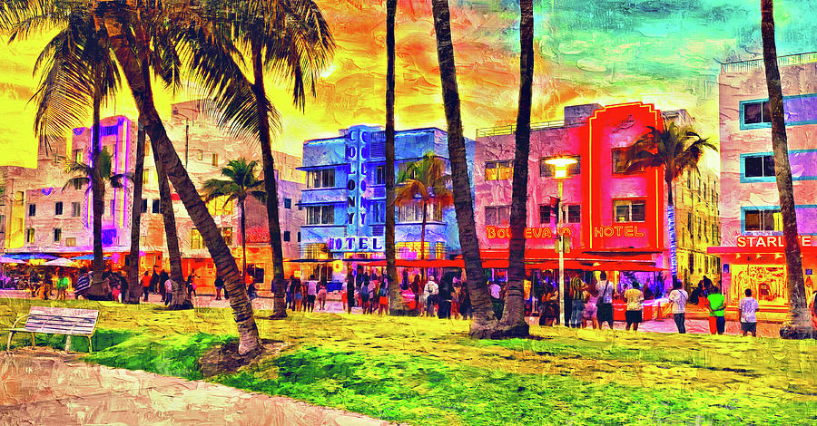 Ocean Drive near the Colony Hotel in Miami Beach at sunset - impasto oil painting Digital Art by Nicko Prints