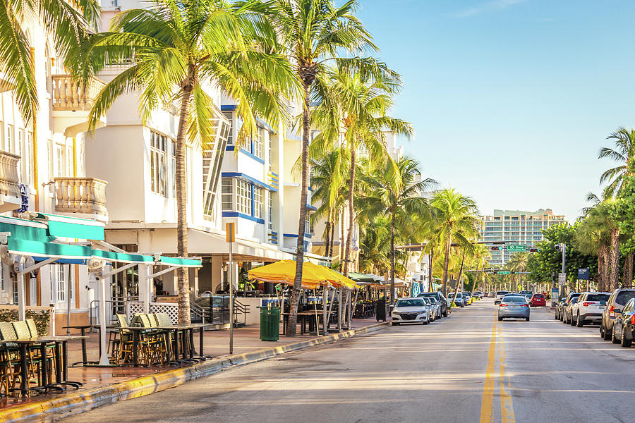 Ocean Drive street in the morning in Miami South Beach in Florida Photograph by Maria Kray