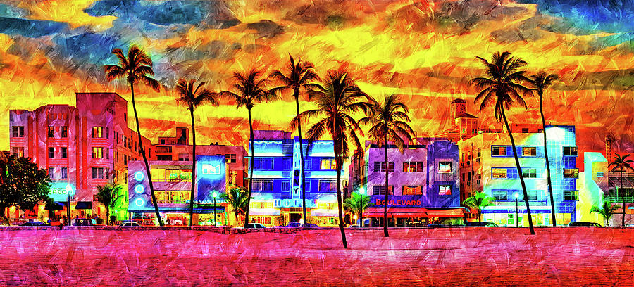 Ocean Drive With The Palm Trees And The Art Deco Hotels In Miami Beach At Sunset - Oil Painting Digital Art
