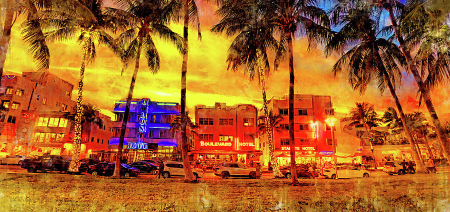 Ocean Drive with the palm trees and the art deco hotels in Miami Beach at sunset - watercolor ink Digital Art by Nicko Prints