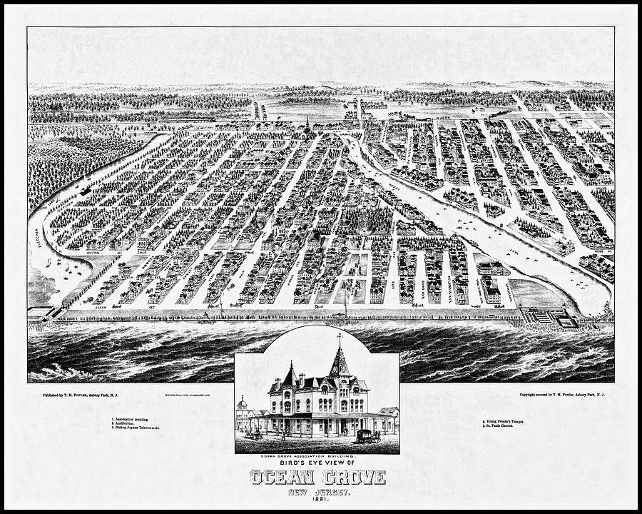 Ocean Grove New Jersey Vintage Aerial Map 1881 Black and White  Photograph by Carol Japp