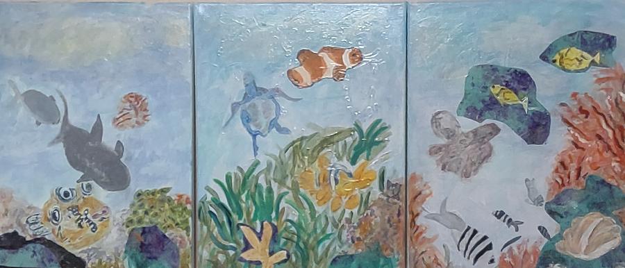 Ocean Life Tryptic Mixed Media by Suzanne Berthier
