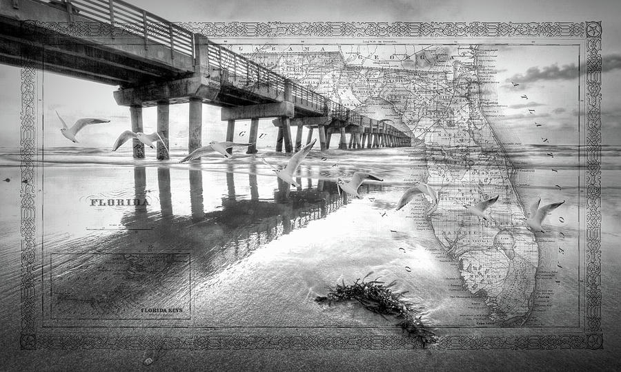 Ocean Pier Vintage Map Seascape Black and White Photograph by Debra and Dave Vanderlaan