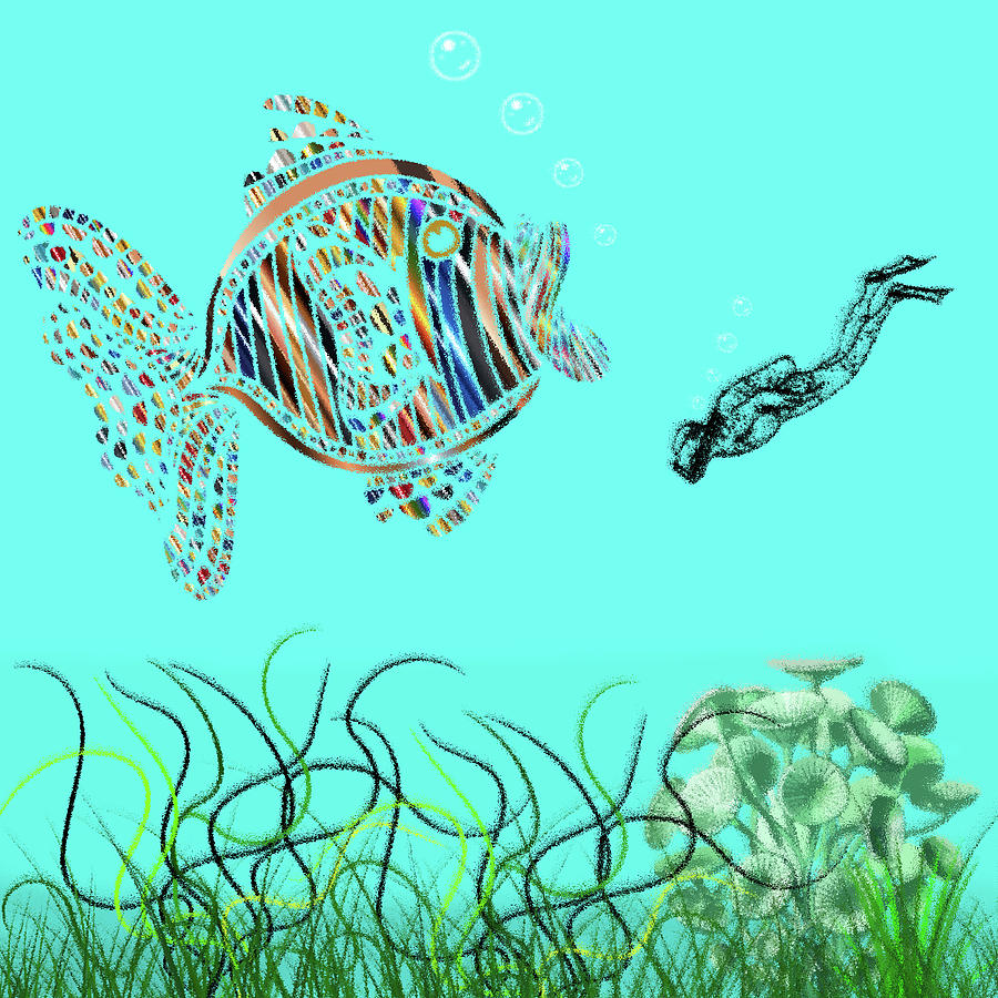 Ocean Ripple Pane 5 Fred The Scuba Diver  Digital Art by David Dehner
