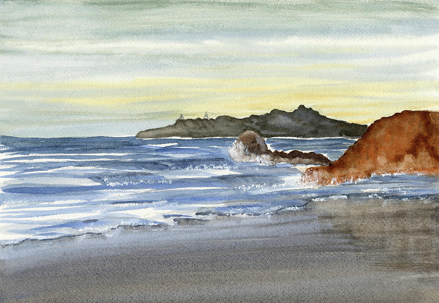 Ocean Scene Rock Reflections In Wet Sand Painting by Deborah League