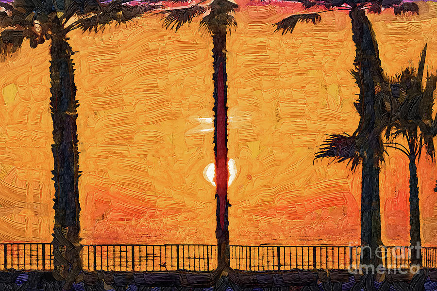 Ocean Sunset Behind A Palm Tree Digital Art by Kirt Tisdale