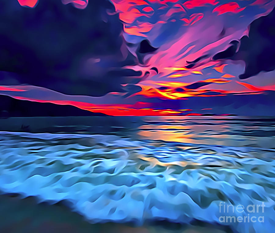 Ocean Sunset Drawing by Sun Leil Pixels