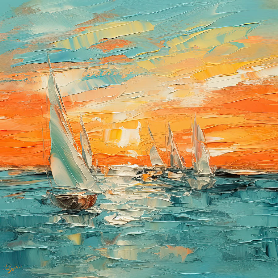 Turquoise And Orange Painting - Ocean Symphony in Turquoise and Orange by Lourry Legarde