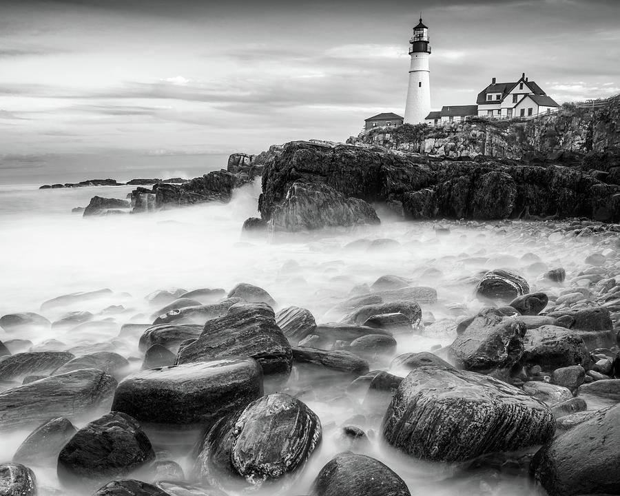 Ocean Waters Over The Rocks Below Portland Head Lighthouse - Black and White Photograph by Gregory Ballos