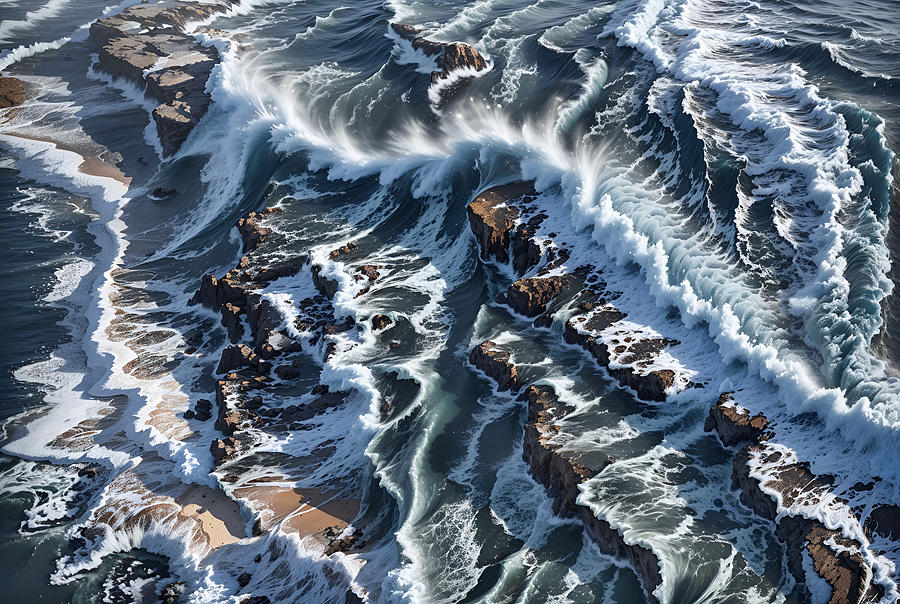 Ocean Waves Crashing over Rocks Digital Art by Mark Greenberg
