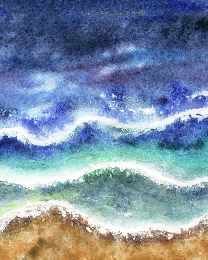 Ocean Waves On The Sandy Shore Watercolor Painting