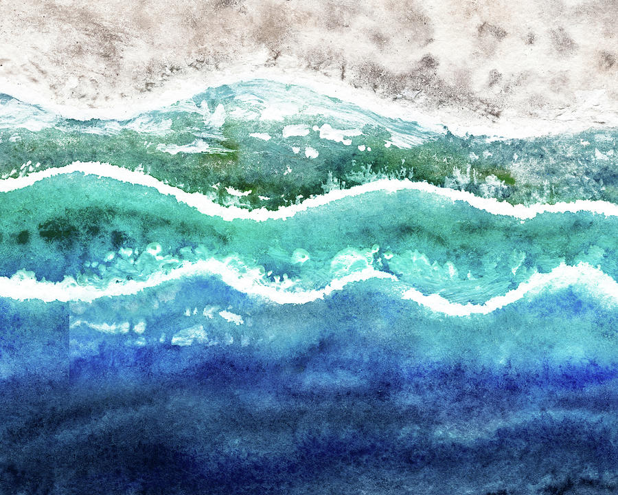 Ocean Waves On White Sand Beach Watercolor Painting