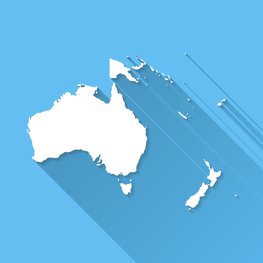 Oceania Map on Blue Background, Long Shadow, Flat Design Drawing by Bgblue