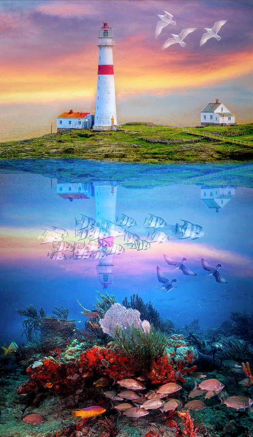 Oceans Jewels Lighthouse and Reef Digital Art by Debra and Dave Vanderlaan