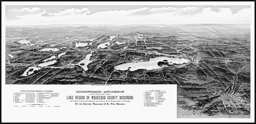 Wisconsin Map Photograph - Oconomowoc Waukesha Wisconsin Vintage Map Aerial View 1890 Black and White  by Carol Japp