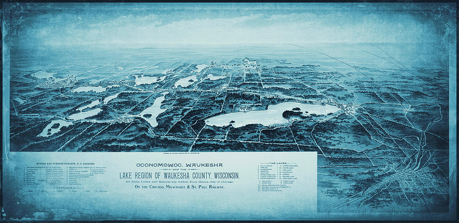 Wisconsin Map Photograph - Oconomowoc Waukesha Wisconsin Vintage Map Aerial View 1890 Blue by Carol Japp