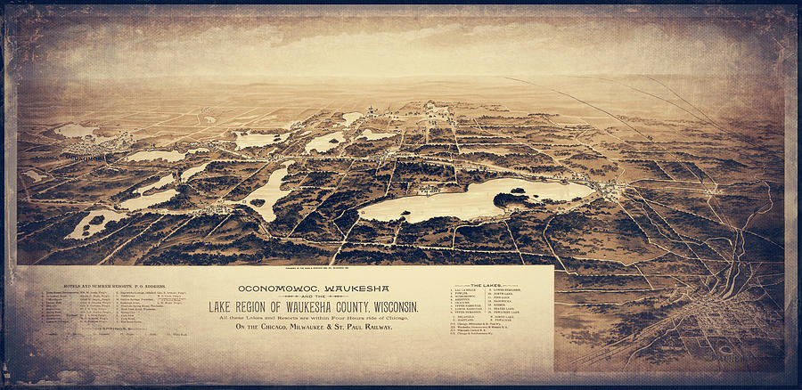Wisconsin Map Photograph - Oconomowoc Waukesha Wisconsin Vintage Map Aerial View 1890 Sepia by Carol Japp