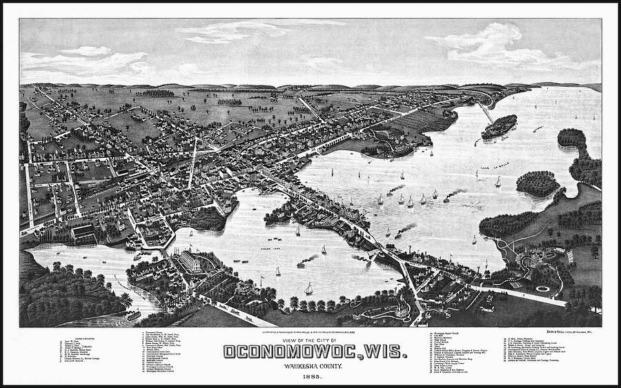 Wisconsin Map Photograph - Oconomowoc Wisconsin Vintage Map Aerial View 1885 Black and White by Carol Japp