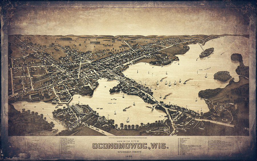 Wisconsin Map Photograph - Oconomowoc Wisconsin Vintage Map Aerial View 1885 Sepia by Carol Japp
