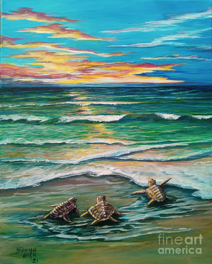 Ocracoke 3 Turtle Baby Loggerheads by Sonya Allen  Painting by Sonya Allen