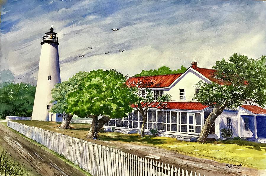 Lighthouse Painting - Ocracoke Lighthouse and Keepers House by Raymond Edmonds