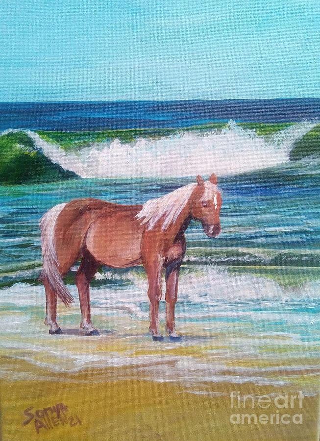 Ocracoke Ponies on Beach 1 by Sonya Allen Painting by Sonya Allen