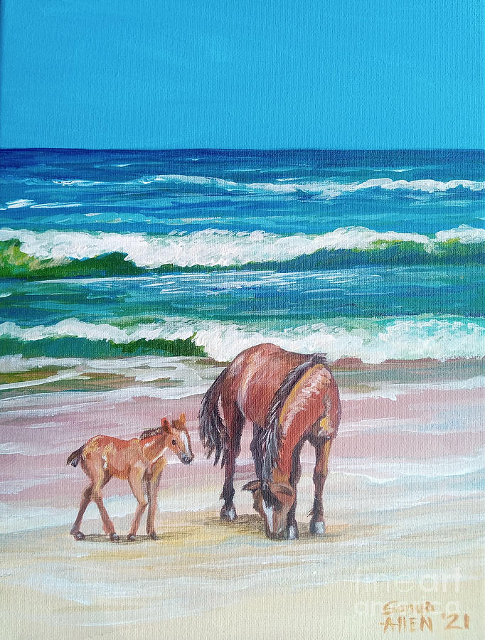 Ocracoke Ponies on Beach 3 by Sonya Allen Painting by Sonya Allen