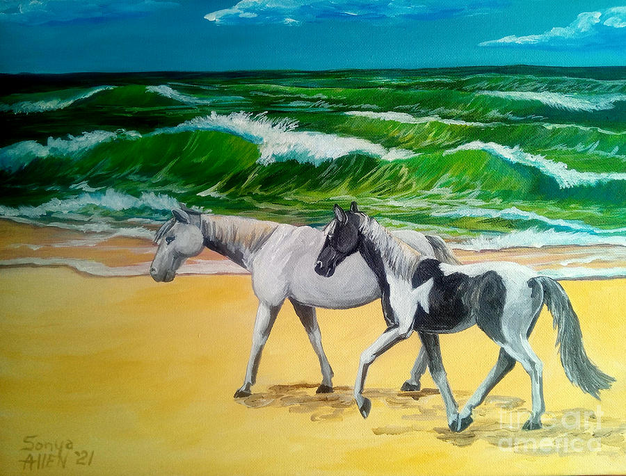 Ocracoke Ponies on  Beach #5 Painting by Sonya Allen