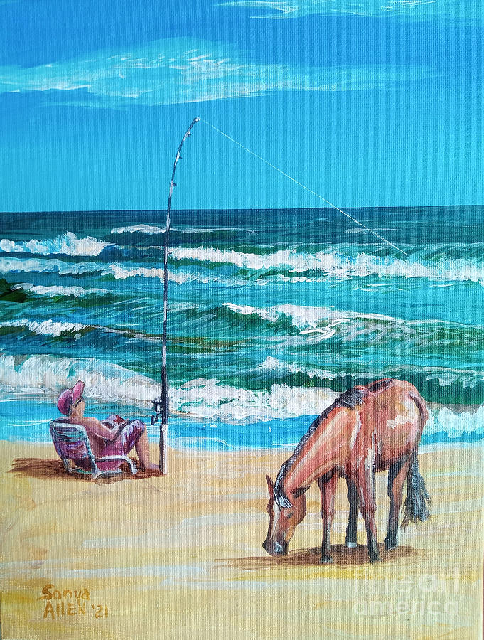 Ocracoke Ponies on Beach with Surf Fisherman  by Sonya Allen Painting by Sonya Allen