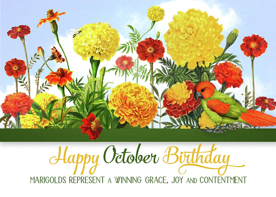 October Birthday Marigolds with Bee and Parakeet  Digital Art by Doreen Erhardt