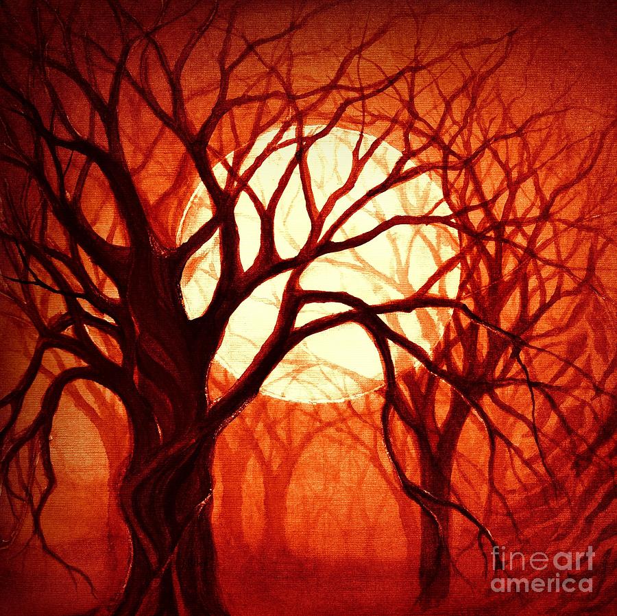 October Halloween Forest Moon Sky Painting by Janine Riley
