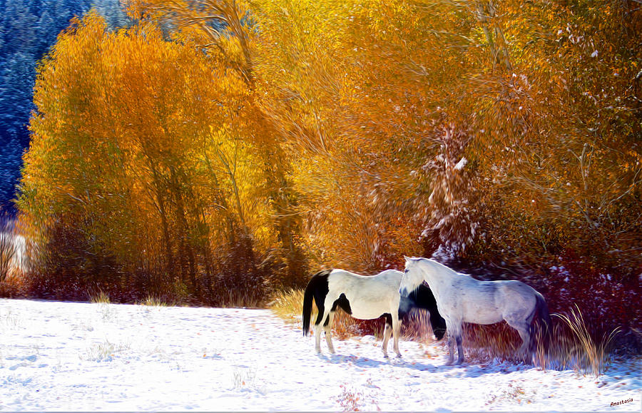 October Snow with Mares Mixed Media by Anastasia Savage Ealy